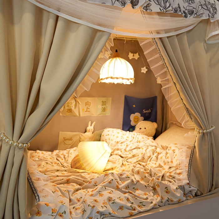 91家纺网 家纺一手货源 找家纺 飞轮海蚊帐2025新款学生宿主三开门遮光蚊帐XZ-97棉麻花边款 全底加高1.2    6面全包 香槟