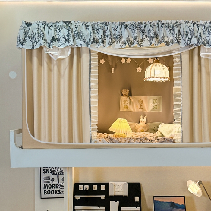 91家纺网 家纺一手货源 找家纺 飞轮海蚊帐2025新款学生宿主三开门遮光蚊帐XZ-97棉麻花边款 全底加高1.2    6面全包 香槟