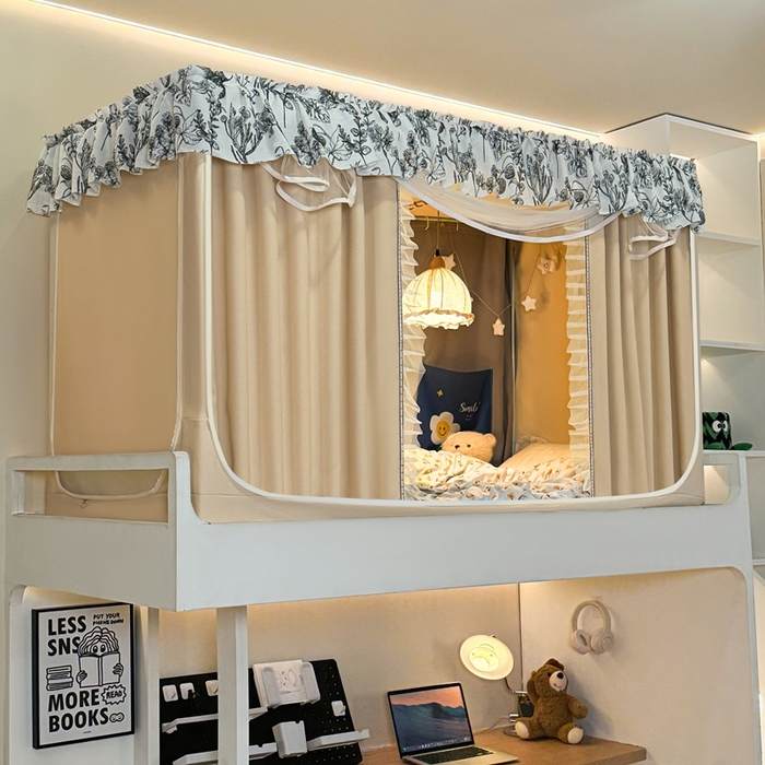 91家纺网 家纺一手货源 找家纺 飞轮海蚊帐2025新款学生宿主三开门遮光蚊帐XZ-97棉麻花边款 全底加高1.2    6面全包 香槟