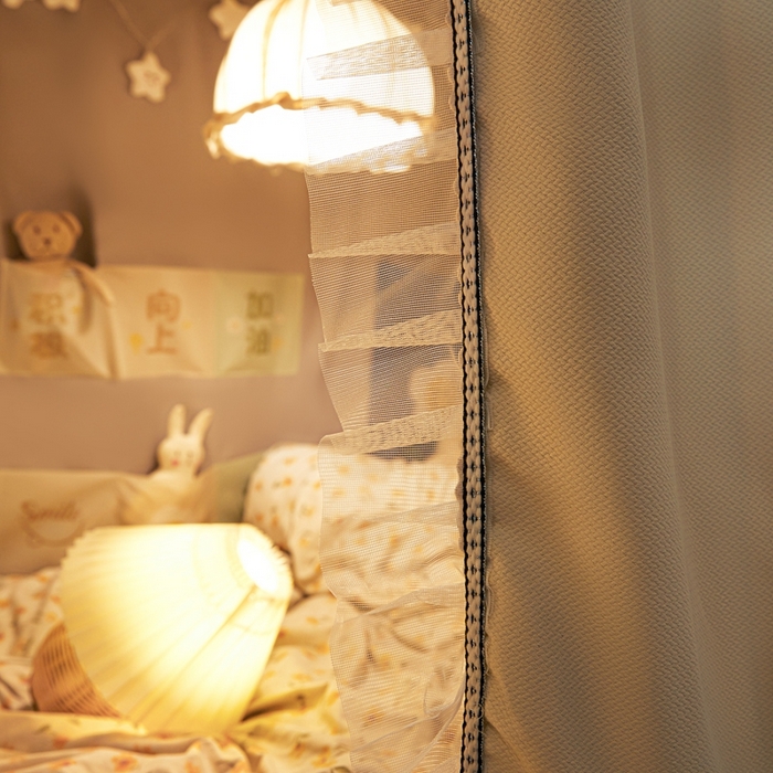 91家纺网 家纺一手货源 找家纺 飞轮海蚊帐2025新款学生宿主三开门遮光蚊帐XZ-97棉麻花边款 全底加高1.2    6面全包 香槟