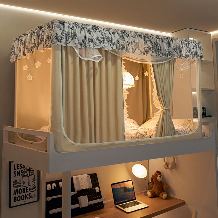 91家纺网 家纺一手货源 找家纺 飞轮海蚊帐2025新款学生宿主三开门遮光蚊帐XZ-97棉麻花边款 全底加高1.2    6面全包 香槟