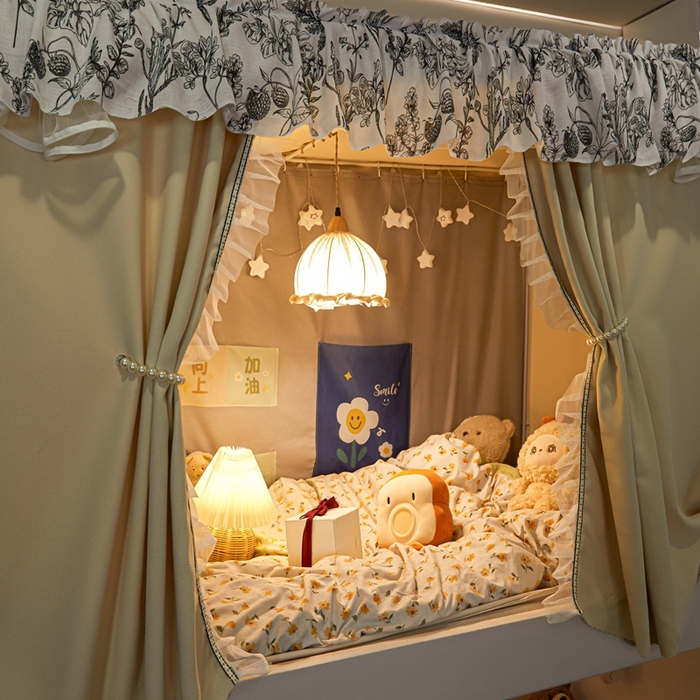 91家纺网 家纺一手货源 找家纺 飞轮海蚊帐2025新款学生宿主三开门遮光蚊帐XZ-97棉麻花边款 全底加高1.2    6面全包 香槟