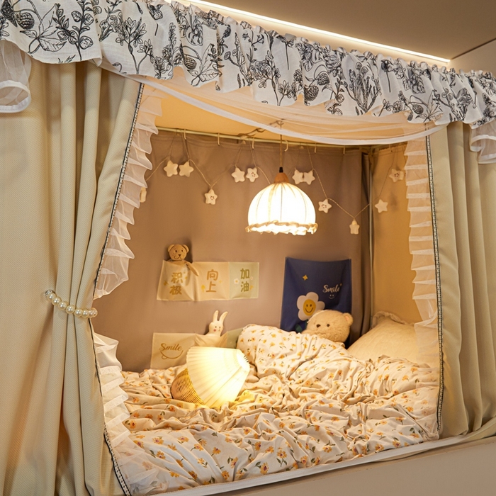 91家纺网 家纺一手货源 找家纺 飞轮海蚊帐2025新款学生宿主三开门遮光蚊帐XZ-97棉麻花边款 全底加高1.2    6面全包 香槟