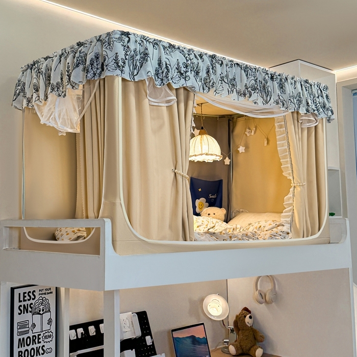 91家纺网 家纺一手货源 找家纺 飞轮海蚊帐2025新款学生宿主三开门遮光蚊帐XZ-97棉麻花边款 全底加高1.2    6面全包 香槟