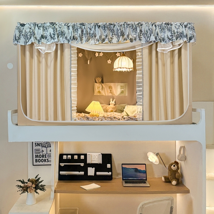 91家纺网 家纺一手货源 找家纺 飞轮海蚊帐2025新款学生宿主三开门遮光蚊帐XZ-97棉麻花边款 全底加高1.2    6面全包 香槟