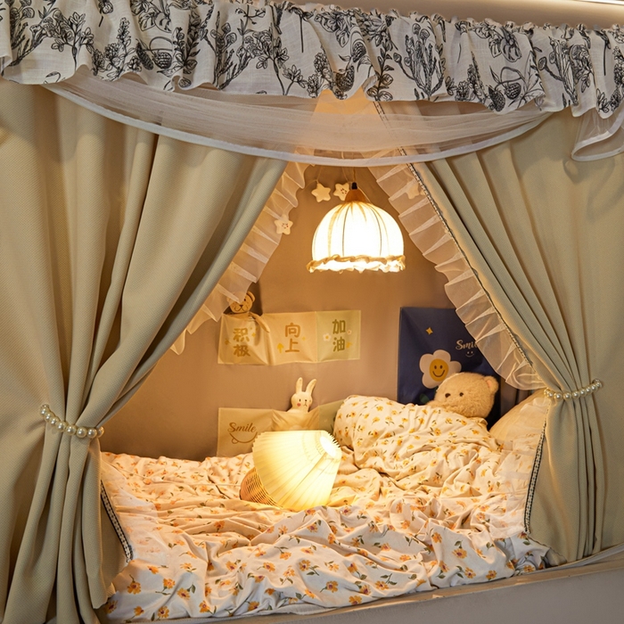 91家纺网 家纺一手货源 找家纺 飞轮海蚊帐2025新款学生宿主三开门遮光蚊帐XZ-97棉麻花边款 全底加高1.2    6面全包 香槟