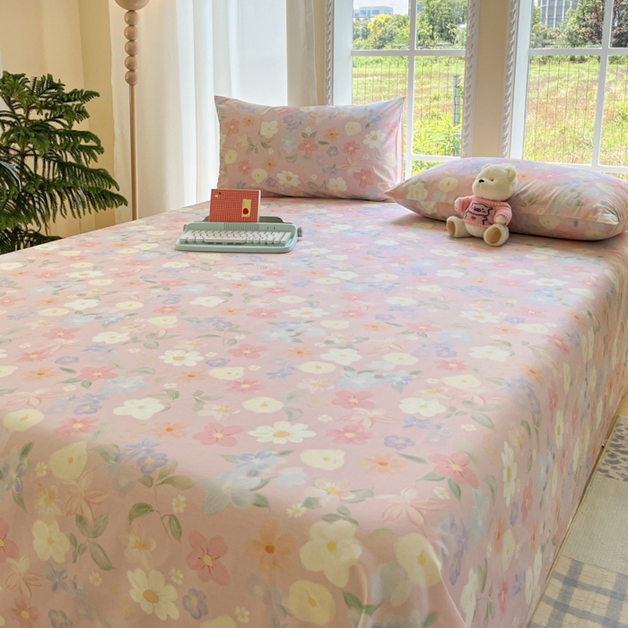 91家纺网 家纺一手货源 找家纺 寻米 2025新款全棉纯棉印花学生季四件套 春日暖阳-粉