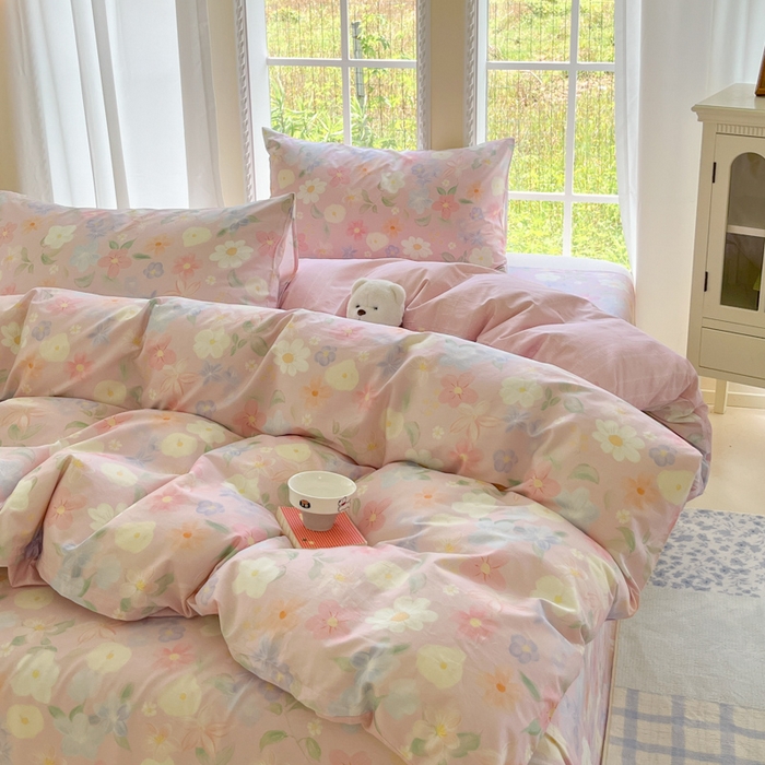 91家纺网 家纺一手货源 找家纺 寻米 2025新款全棉纯棉印花学生季四件套 春日暖阳-粉