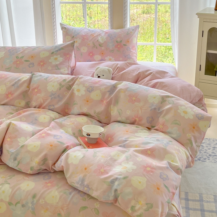 91家纺网 家纺一手货源 找家纺 寻米 2025新款全棉纯棉印花学生季四件套 春日暖阳-粉