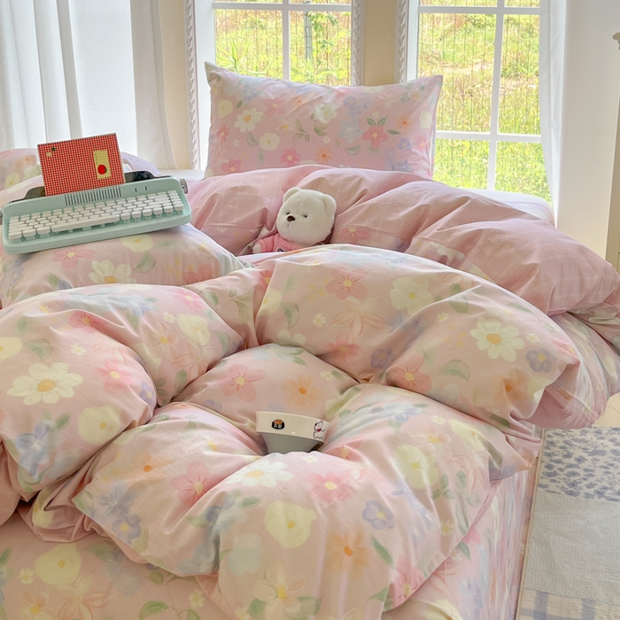 91家纺网 家纺一手货源 找家纺 寻米 2025新款全棉纯棉印花学生季四件套 春日暖阳-粉