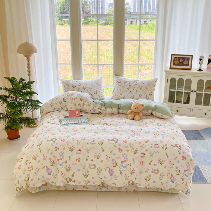 91家纺网 家纺一手货源 找家纺 寻米 2025新款全棉纯棉印花学生季四件套 花园小狗