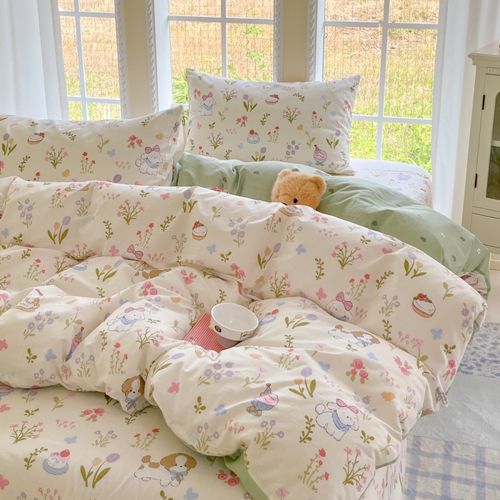 91家纺网 家纺一手货源 找家纺 寻米 2025新款全棉纯棉印花学生季四件套 花园小狗