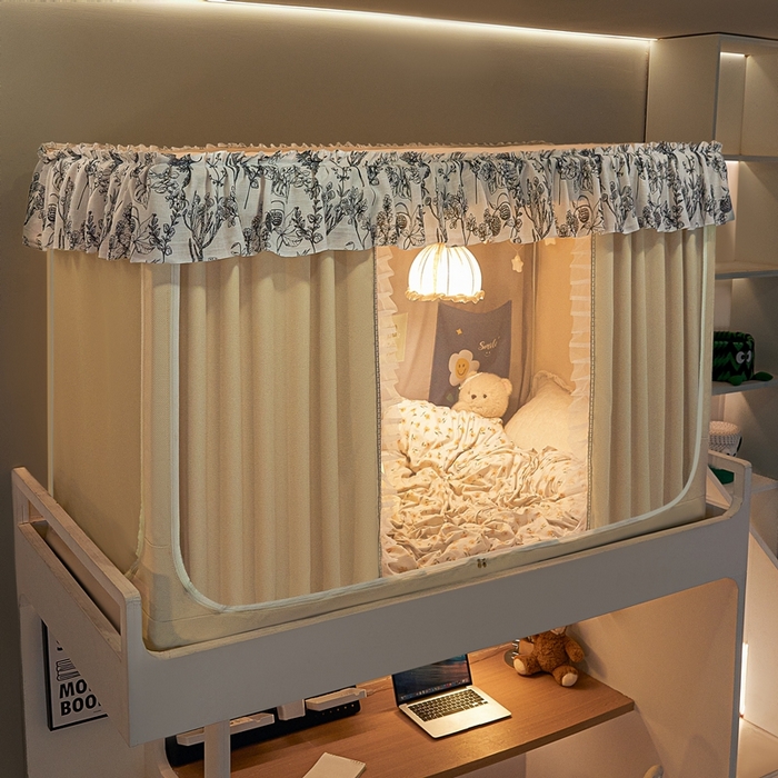 91家纺网 家纺一手货源 找家纺 （总）飞轮海蚊帐2025新款学生宿主三开门遮光蚊帐XZ-97棉麻花边款 全底加高1.2    6面全包