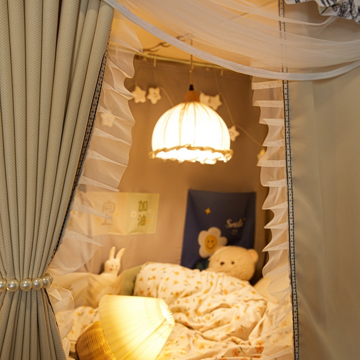 91家纺网 家纺一手货源 找家纺 （总）飞轮海蚊帐2025新款学生宿主三开门遮光蚊帐XZ-97棉麻花边款 全底加高1.2    6面全包