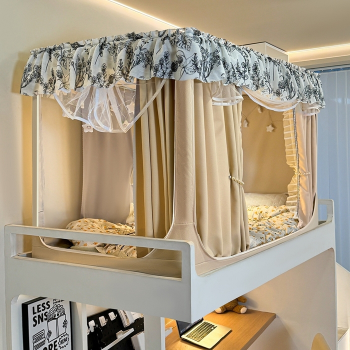 91家纺网 家纺一手货源 找家纺 （总）飞轮海蚊帐2025新款学生宿主三开门遮光蚊帐XZ-97棉麻花边款 全底加高1.2    6面全包