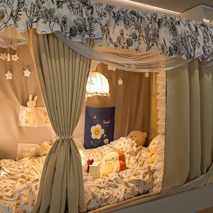 （总）飞轮海蚊帐2025新款学生宿主三开门遮光蚊帐XZ-97棉麻花边款 全底加高1.2    6面全包