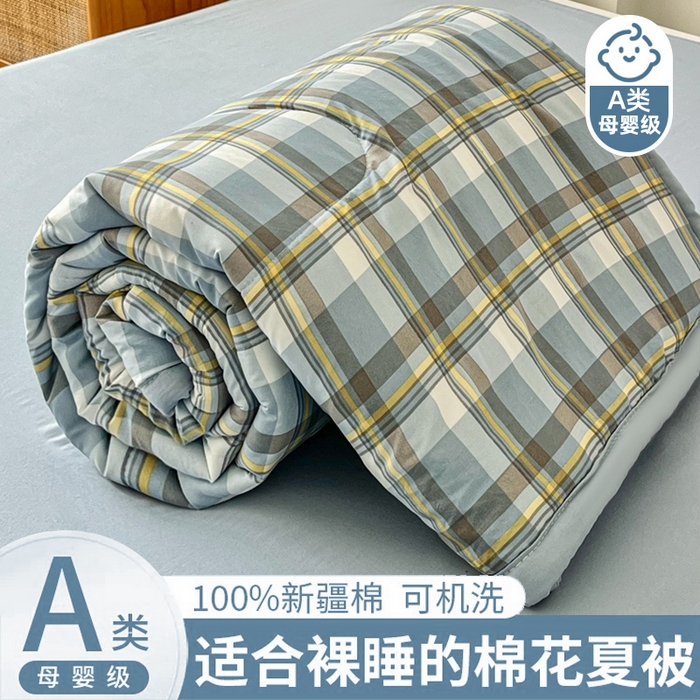 91家纺网 家纺一手货源 找家纺 小叮当家纺仓储工厂店 （提供买家秀 爆款花型 不断货）2025新款色织水洗棉夏被无印风百分百新疆棉花夏被四件套夏凉被四件套 简兮蓝（配B版床单230-250）