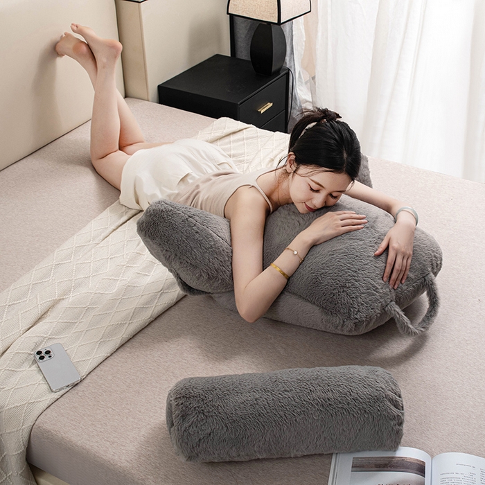 91家纺网 家纺一手货源 找家纺 一兰家纺 2025新款秋冬兔绒单人靠垫加厚多功能长毛绒护腰靠垫靠背-兔绒哈基米系列 兔绒哈基米-灰