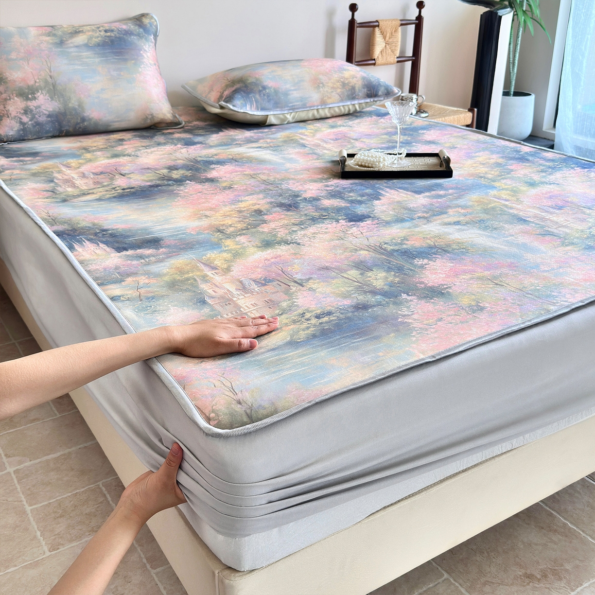 91家纺网 家纺一手货源 找家纺 乐居家纺 2025新款凉感丝三明治床笠款凉席席子 云汀