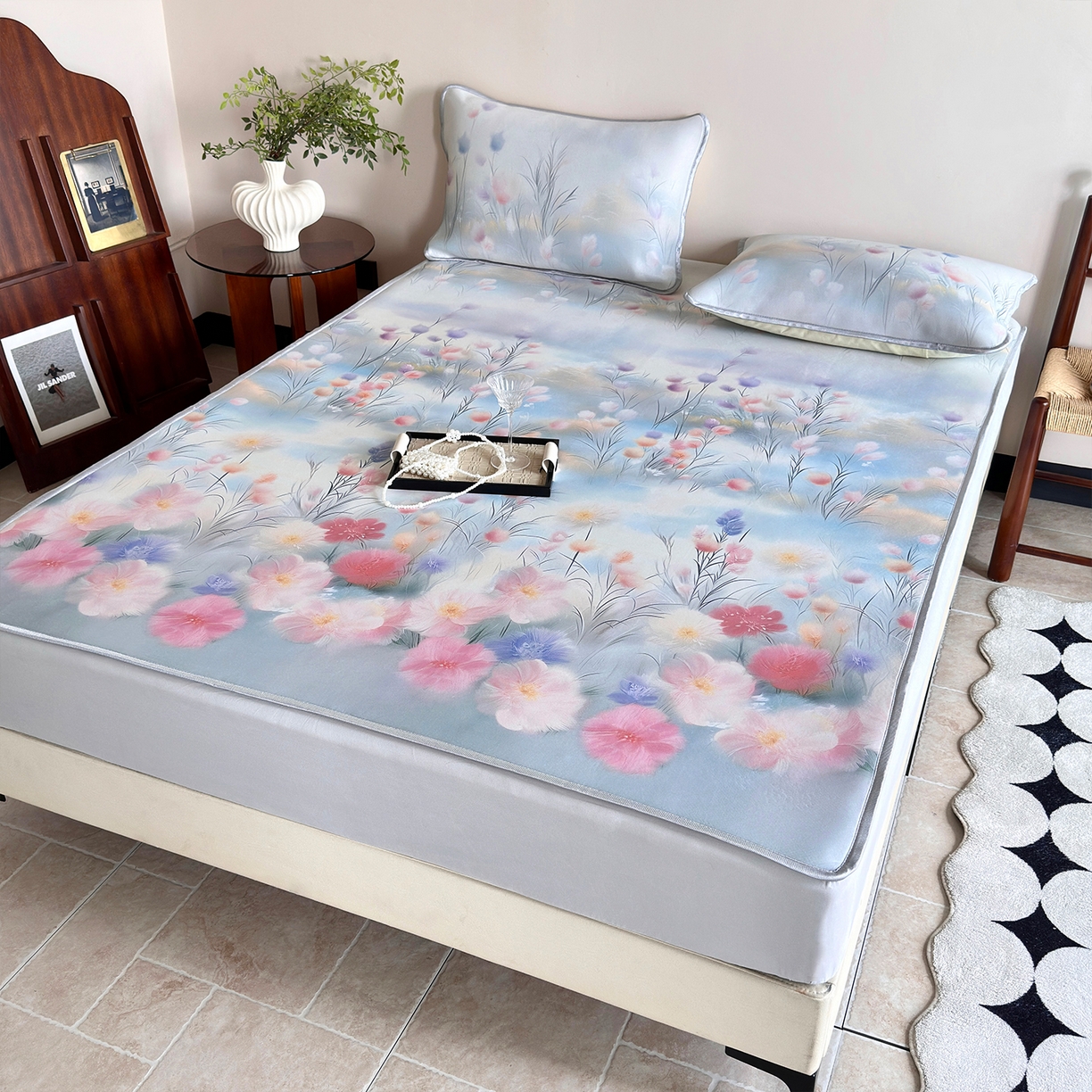 91家纺网 家纺一手货源 找家纺 乐居家纺 2025新款凉感丝三明治床笠款凉席席子 繁锦