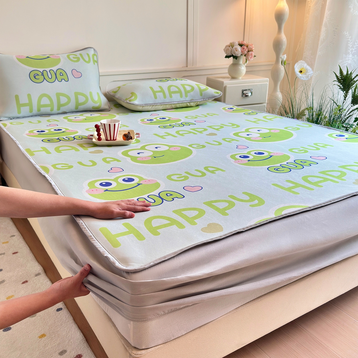 乐居家纺 2025新款凉感丝三明治床笠款凉席席子 卡通青蛙