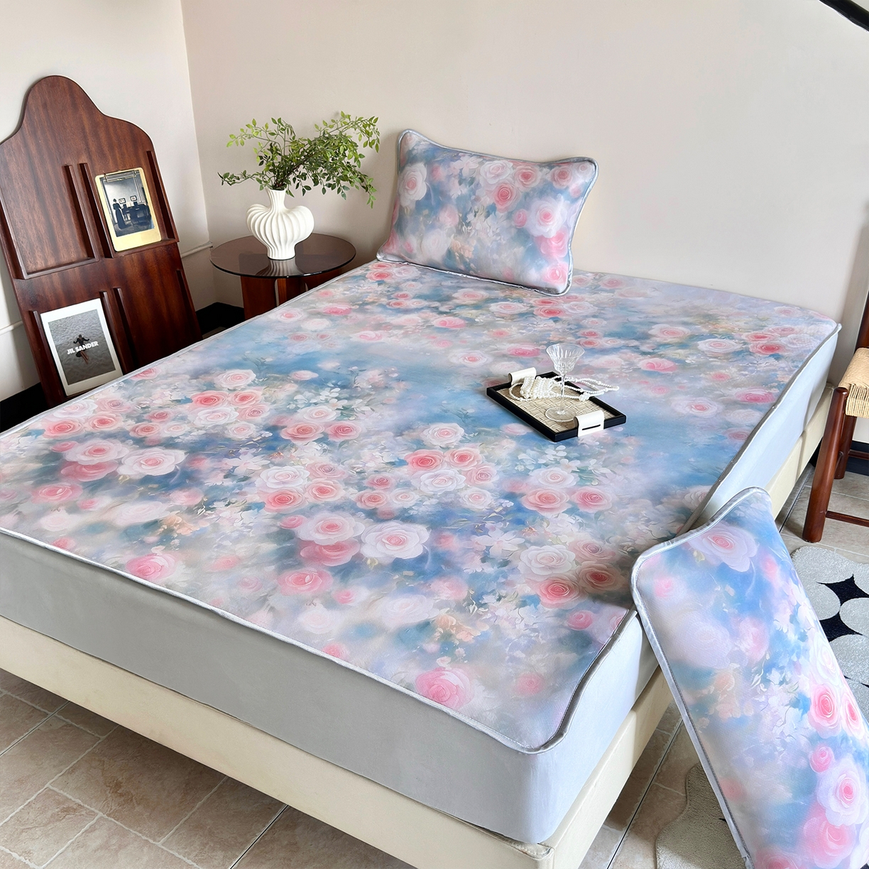 91家纺网 家纺一手货源 找家纺 乐居家纺 2025新款凉感丝三明治床笠款凉席席子 玫粉