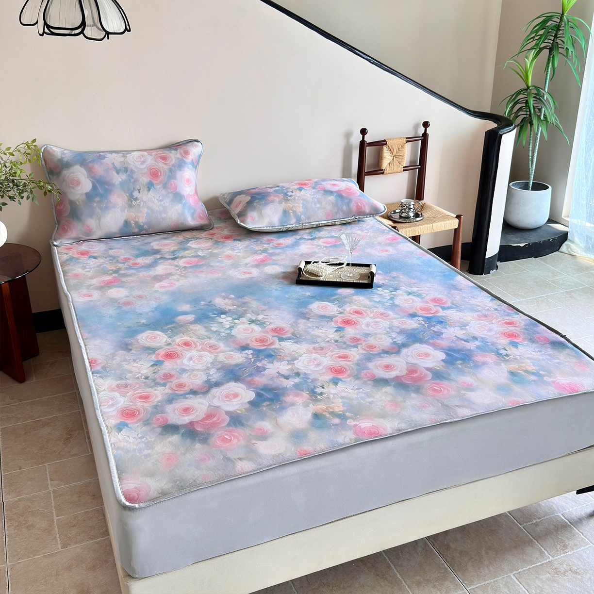 91家纺网 家纺一手货源 找家纺 乐居家纺 2025新款凉感丝三明治床笠款凉席席子 玫粉