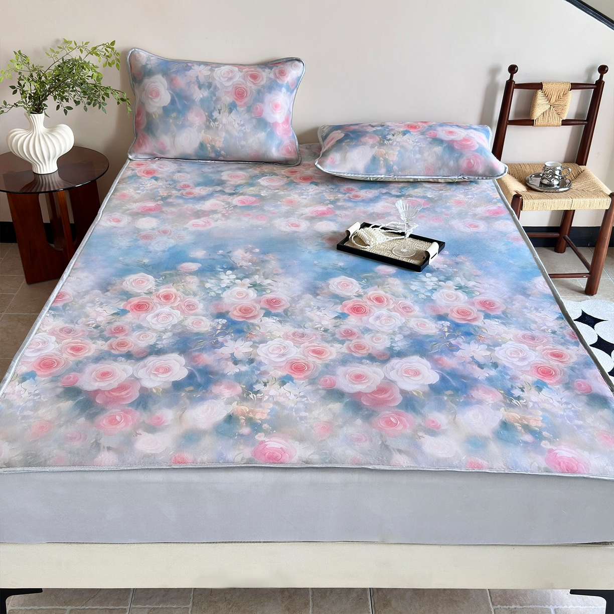 91家纺网 家纺一手货源 找家纺 乐居家纺 2025新款凉感丝三明治床笠款凉席席子 玫粉