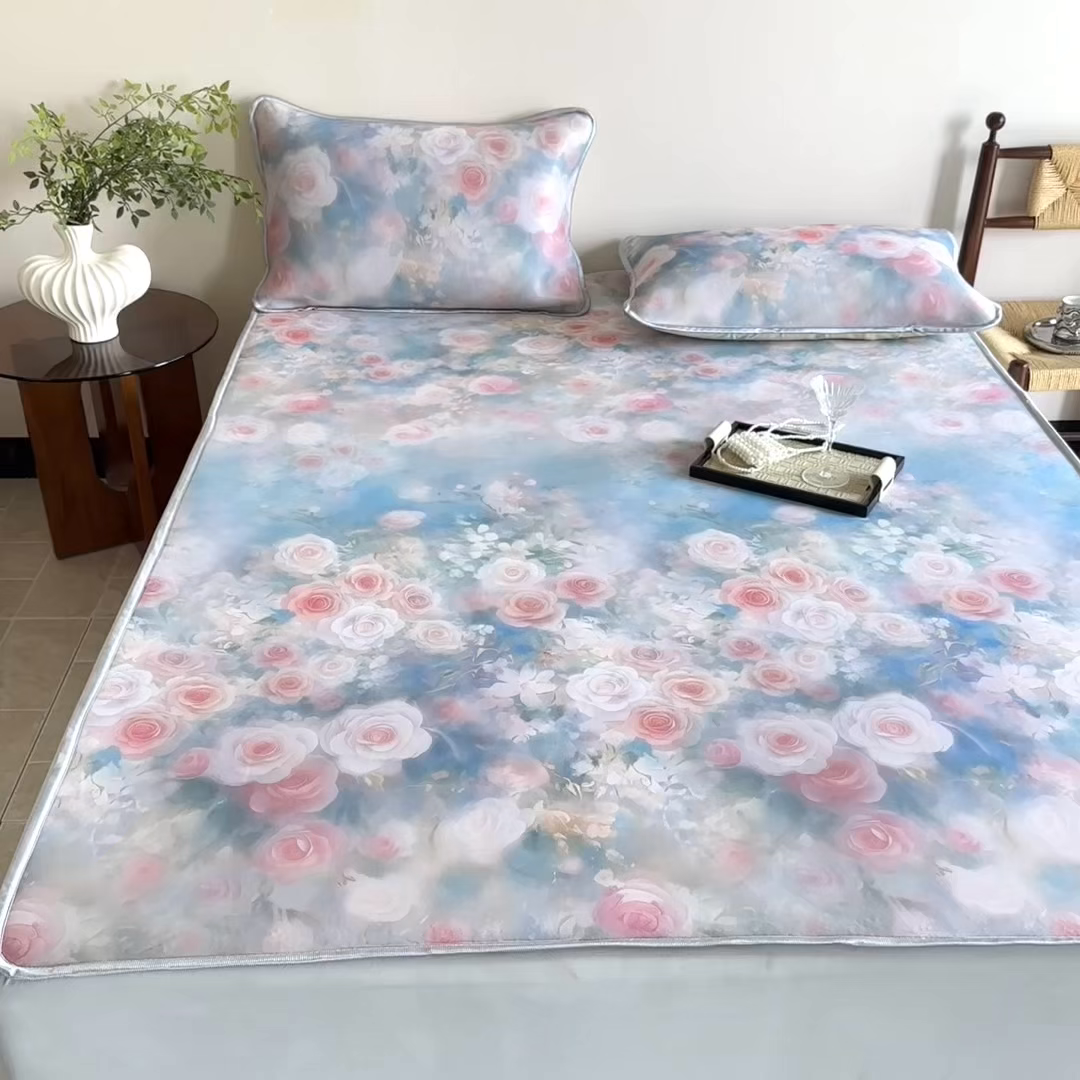 91家纺网 家纺一手货源 找家纺 乐居家纺 2025新款凉感丝三明治床笠款凉席席子 玫粉