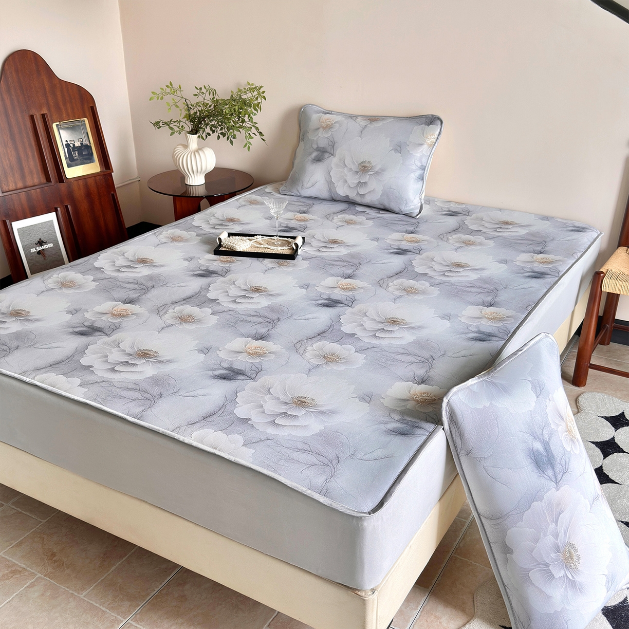 91家纺网 家纺一手货源 找家纺 乐居家纺 2025新款凉感丝三明治床笠款凉席席子 水墨