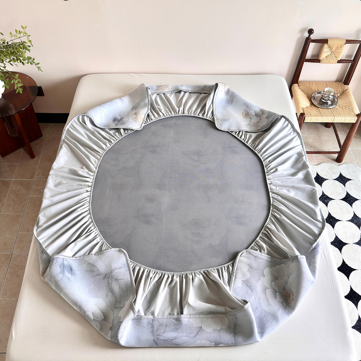 91家纺网 家纺一手货源 找家纺 乐居家纺 2025新款凉感丝三明治床笠款凉席席子 水墨