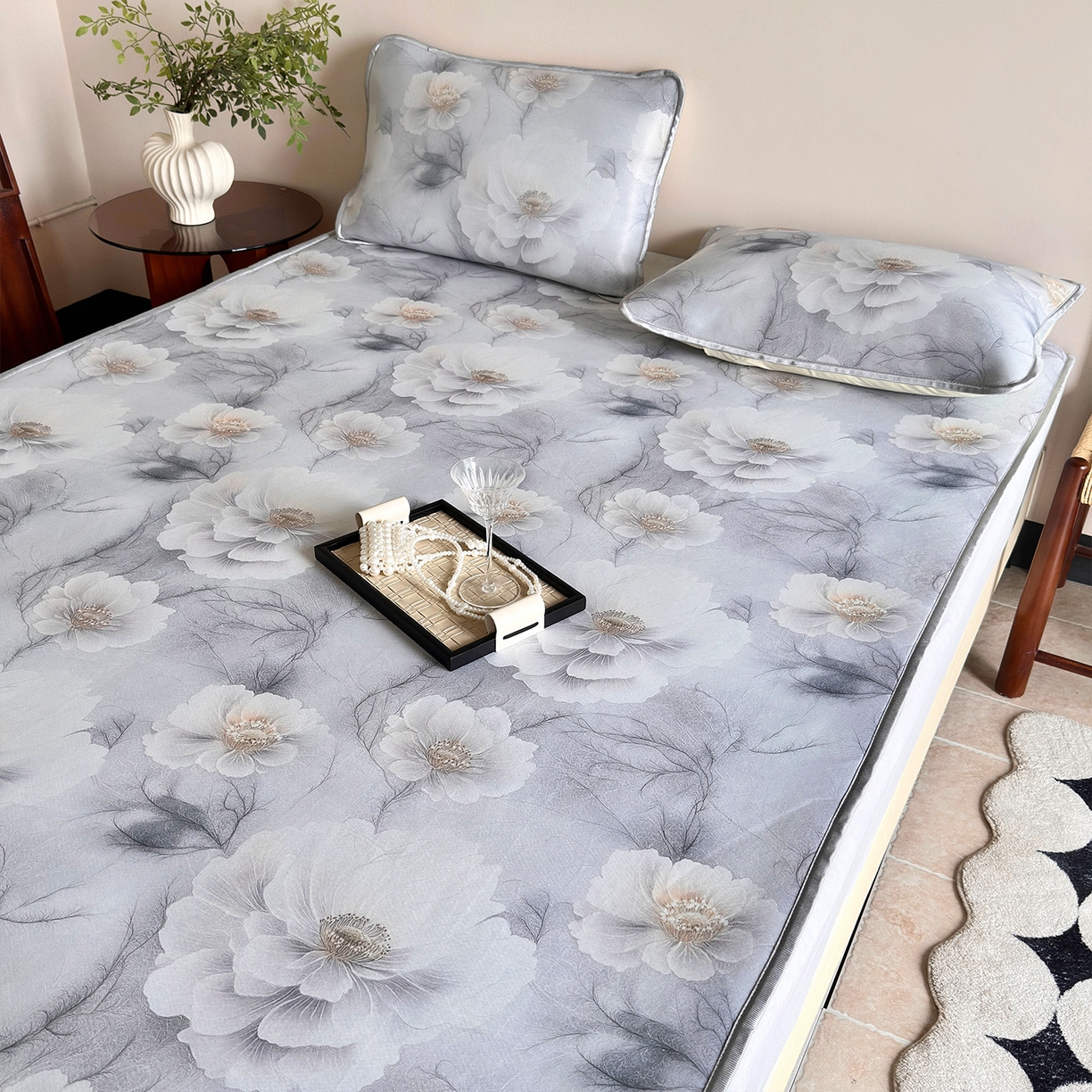 91家纺网 家纺一手货源 找家纺 乐居家纺 2025新款凉感丝三明治床笠款凉席席子 水墨