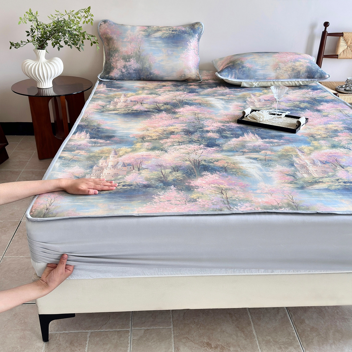 91家纺网 家纺一手货源 找家纺 乐居家纺 2025新款凉感丝三明治床笠款凉席席子 云汀