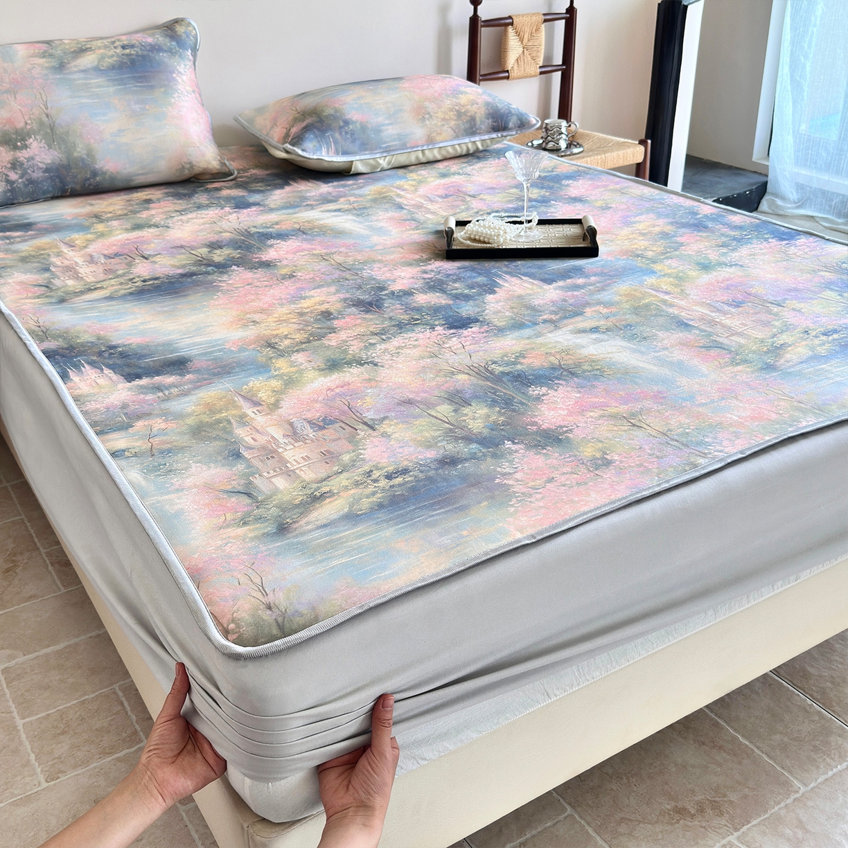 91家纺网 家纺一手货源 找家纺 乐居家纺 2025新款凉感丝三明治床笠款凉席席子 云汀