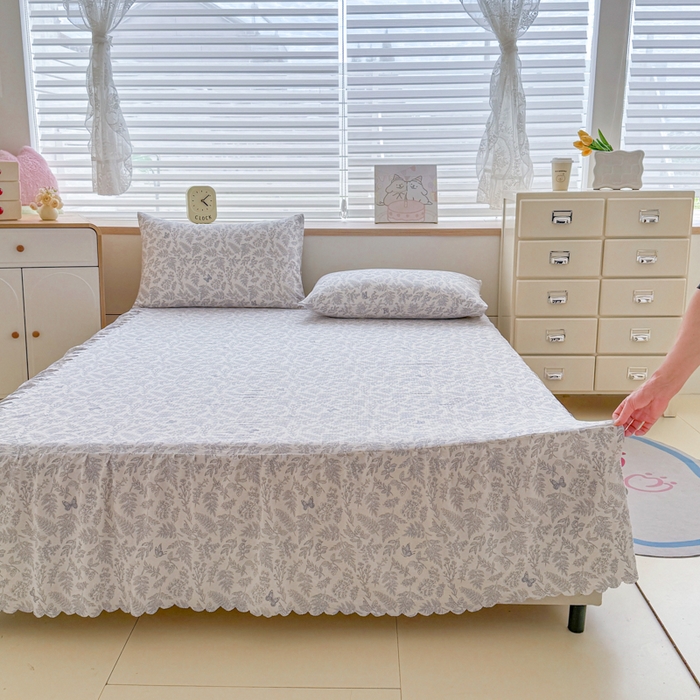 91家纺网 家纺一手货源 找家纺 莎臣豹 2025新款A类云感木棉皱皱纱双层纱床裙可配二三件套 蝶影清韵