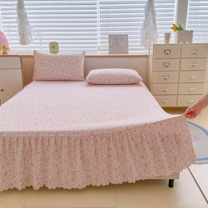 91家纺网 家纺一手货源 找家纺 莎臣豹 2025新款A类云感木棉皱皱纱双层纱床裙可配二三件套 玫瑰絮语