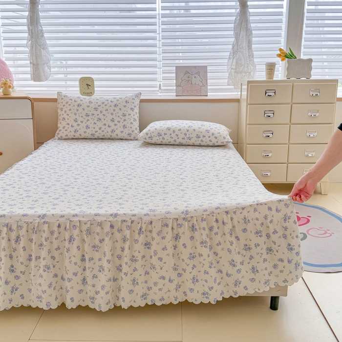 91家纺网 家纺一手货源 找家纺 莎臣豹 2025新款A类云感木棉皱皱纱双层纱床裙可配二三件套 威尼斯纱雾