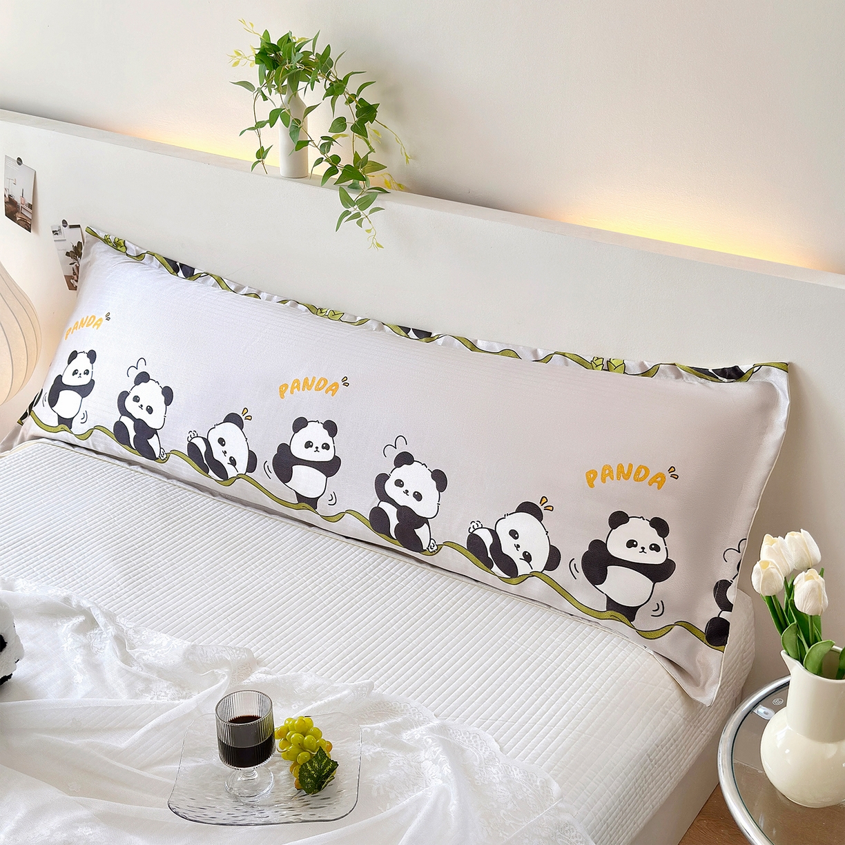 乐居家纺 2025新款凉感高密冰丝双人印花枕套+内芯 熊猫-灰