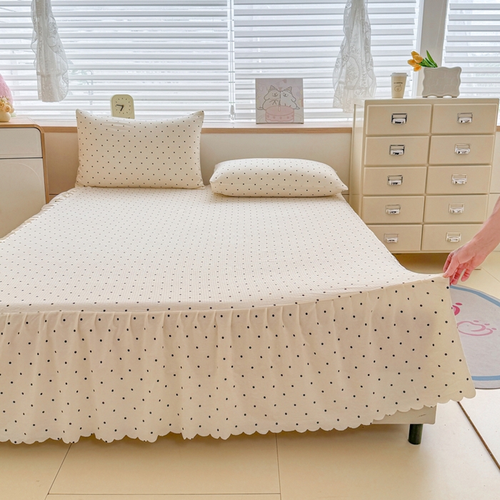 莎臣豹 2025新款A类云感木棉皱皱纱双层纱床裙可配二三件套 波点风-米