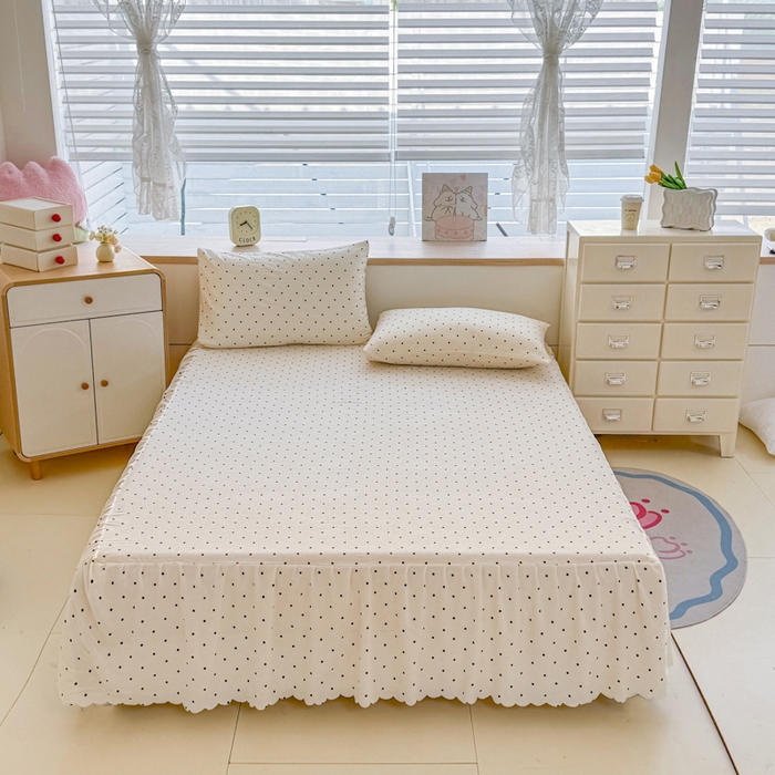 91家纺网 家纺一手货源 找家纺 莎臣豹 2025新款A类云感木棉皱皱纱双层纱床裙可配二三件套 波点风-米