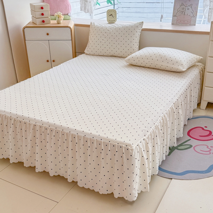 91家纺网 家纺一手货源 找家纺 莎臣豹 2025新款A类云感木棉皱皱纱双层纱床裙可配二三件套 波点风-米