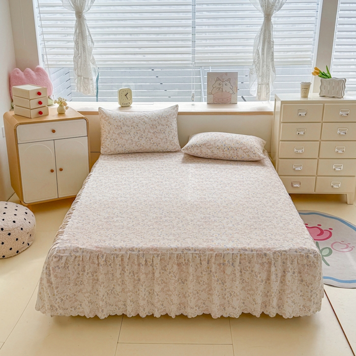 91家纺网 家纺一手货源 找家纺 莎臣豹 2025新款A类云感木棉皱皱纱双层纱床裙可配二三件套 晨露园