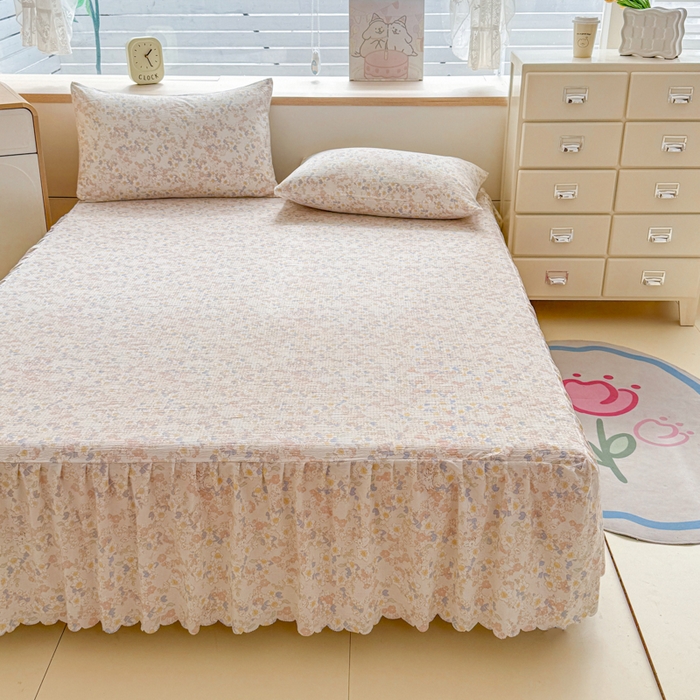 91家纺网 家纺一手货源 找家纺 莎臣豹 2025新款A类云感木棉皱皱纱双层纱床裙可配二三件套 晨露园