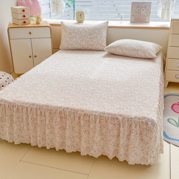 91家纺网 家纺一手货源 找家纺 莎臣豹 2025新款A类云感木棉皱皱纱双层纱床裙可配二三件套 晨露园