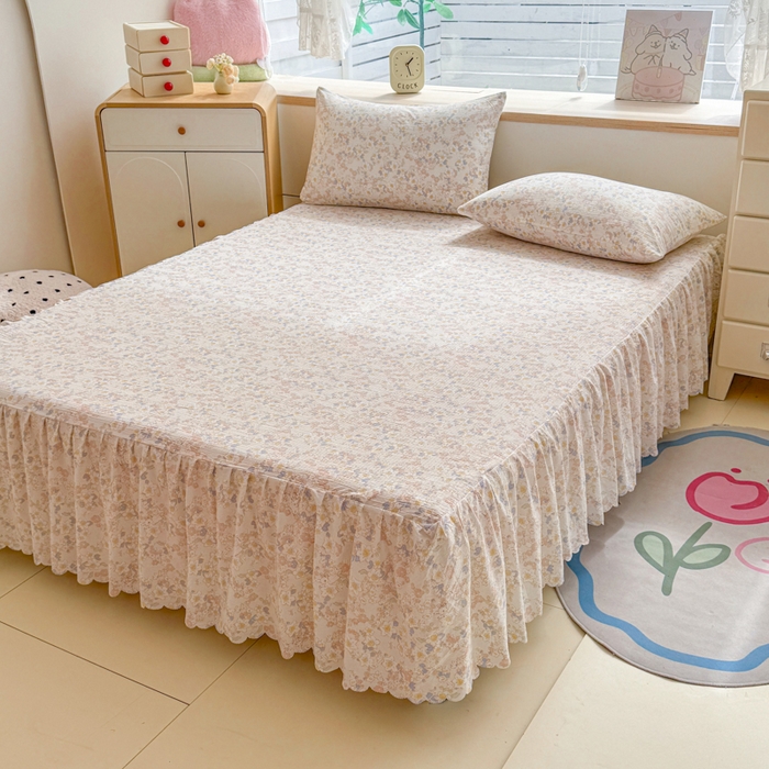 91家纺网 家纺一手货源 找家纺 莎臣豹 2025新款A类云感木棉皱皱纱双层纱床裙可配二三件套 晨露园