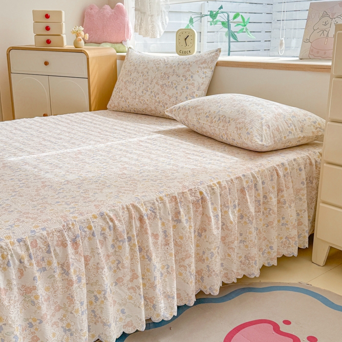 91家纺网 家纺一手货源 找家纺 莎臣豹 2025新款A类云感木棉皱皱纱双层纱床裙可配二三件套 晨露园