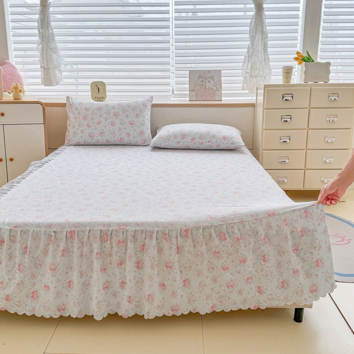 莎臣豹 2025新款A类云感木棉皱皱纱双层纱床裙可配二三件套 晨雾蓝调