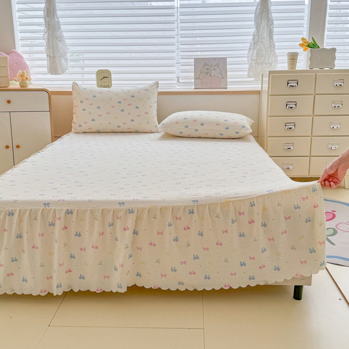 莎臣豹 2025新款A类云感木棉皱皱纱双层纱床裙可配二三件套 蝶恋捕梦