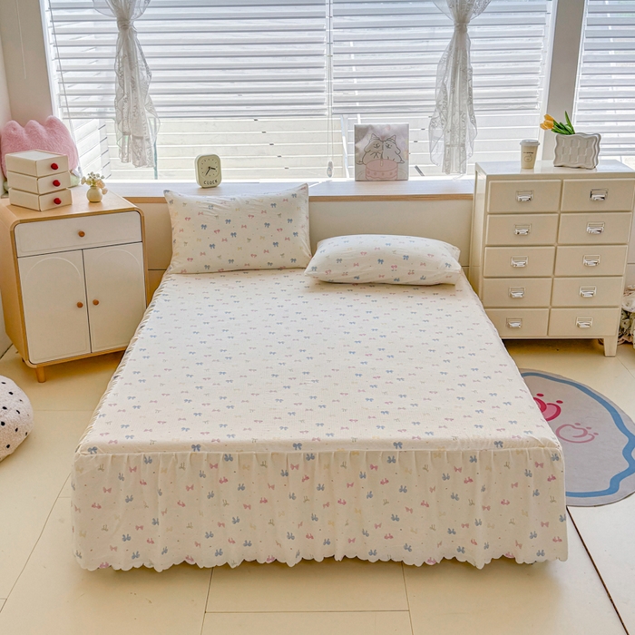 91家纺网 家纺一手货源 找家纺 莎臣豹 2025新款A类云感木棉皱皱纱双层纱床裙可配二三件套 蝶恋捕梦