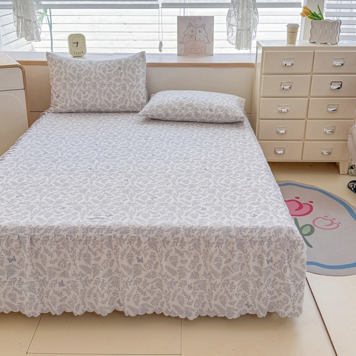 91家纺网 家纺一手货源 找家纺 莎臣豹 2025新款A类云感木棉皱皱纱双层纱床裙可配二三件套 蝶影清韵